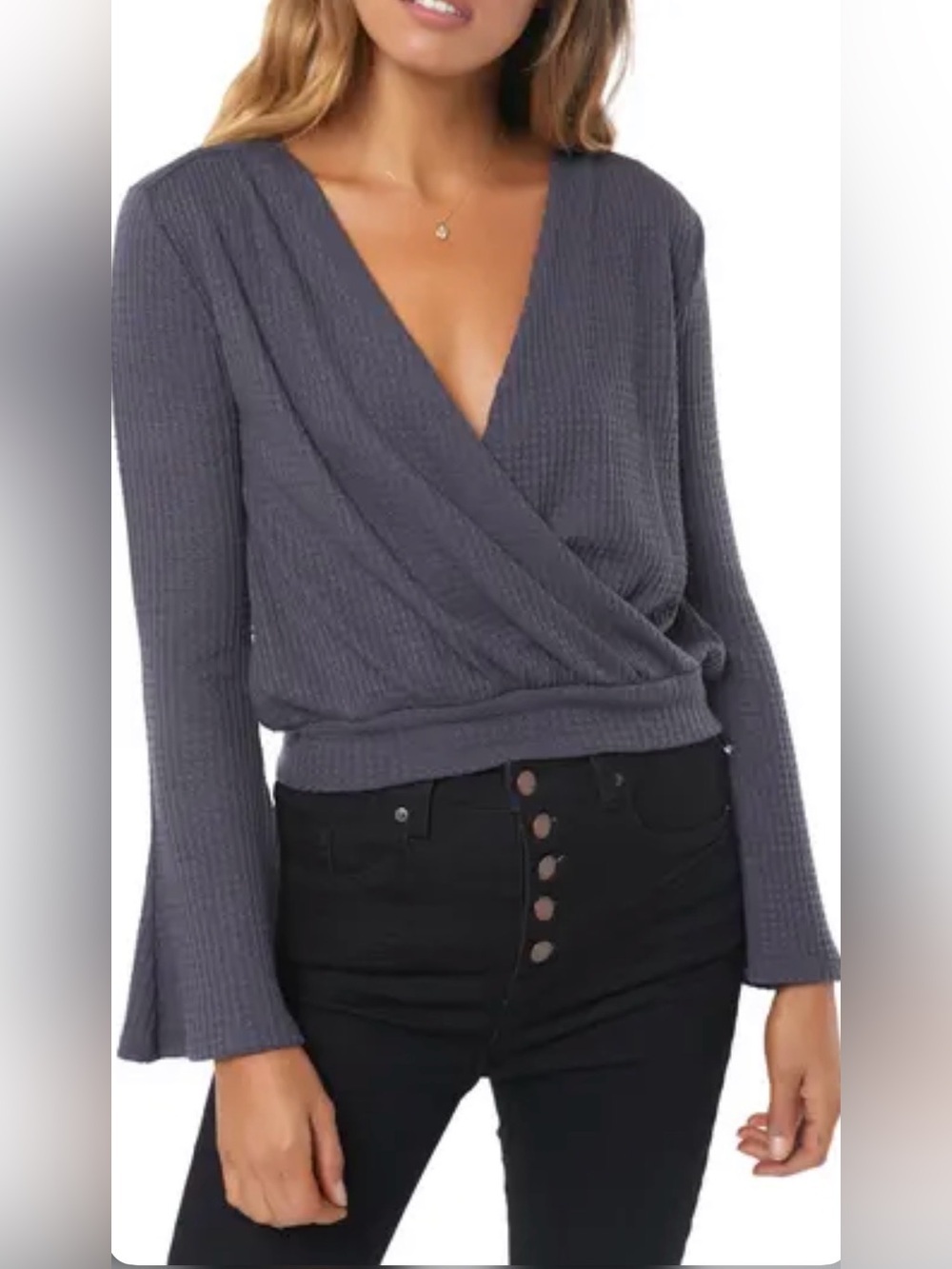 O'Neill Grey-blue Cayenne waffle knit wrap sweater with flared sleeves size S